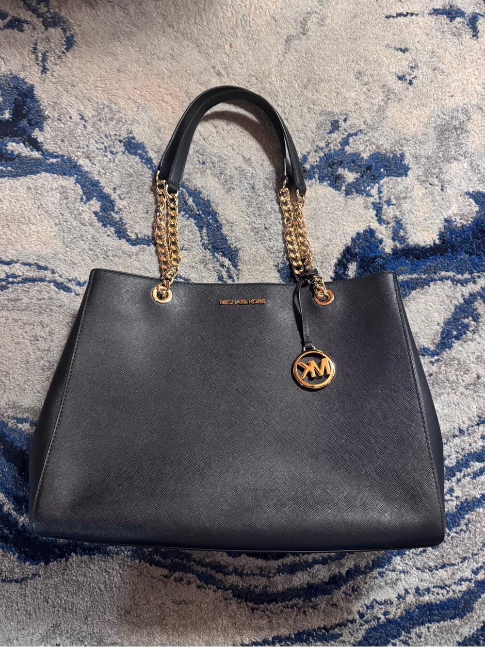 Michael Kors Black Susannah Large Tote -Saffiano Leather with Gold Chain Handles